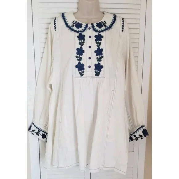 NEW FREE PEOPLE MORE TO COME EMBROIDERED LONG SLEEVE IVORY MINI DRESS LARGE